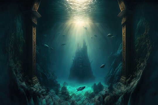 Underwater ancient city in the depths of the ocean. Atlantis lost world. ancient sunken architecture. Underwater gorges and tunnel. Lots of underwater organisms and fish. Underwater deep world. AI
