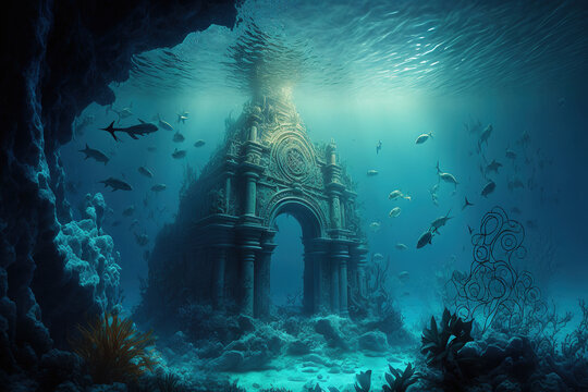 Underwater ancient city in the depths of the ocean. Atlantis lost world. ancient sunken architecture. Underwater gorges and tunnel. Lots of underwater organisms and fish. Underwater deep world. AI