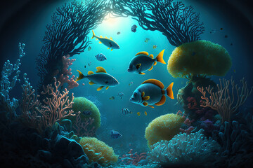 Obraz premium Underwater world at the depth of the ocean. Underwater gorges and tunnel. Lots of underwater organisms and fish. Underwater deep world, sea darkness, algae glow, blue neon, corals. AI