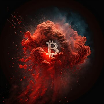 Bitcoin, red, energetic, smoke, dust, explosion, Ai generated