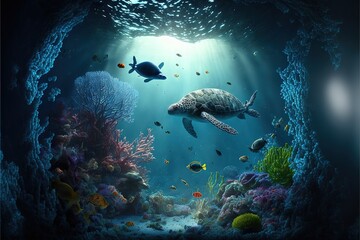 Fototapeta na wymiar Underwater world at the depth of the ocean. Underwater gorges and tunnel. Lots of underwater organisms and fish. Underwater deep world, sea darkness, algae glow, blue neon, corals. AI