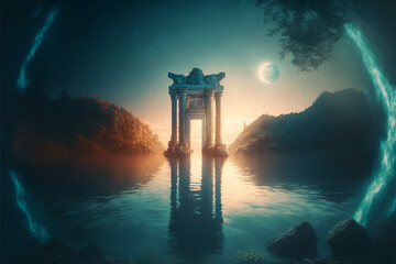 the light of evden a portal ancient gate in the middle of the waters, waters in the celestial sphere of peace, neverland dreamy cosmic beings surrounding in naturef 3d rendering