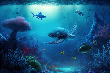 Obraz premium Underwater world at the depth of the ocean. Underwater gorges and tunnel. Lots of underwater organisms and fish. Underwater deep world, sea darkness, algae glow, blue neon, corals. AI