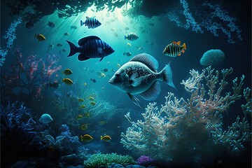 Obraz premium Underwater world at the depth of the ocean. Underwater gorges and tunnel. Lots of underwater organisms and fish. Underwater deep world, sea darkness, algae glow, blue neon, corals. AI