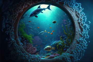 Underwater world at the depth of the ocean. Underwater gorges and tunnel. Lots of underwater organisms and fish. Underwater deep world, sea darkness, algae glow, blue neon, corals. AI