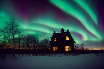 Fototapeta na wymiar The House with Northern Lights. Aurora Borealis.