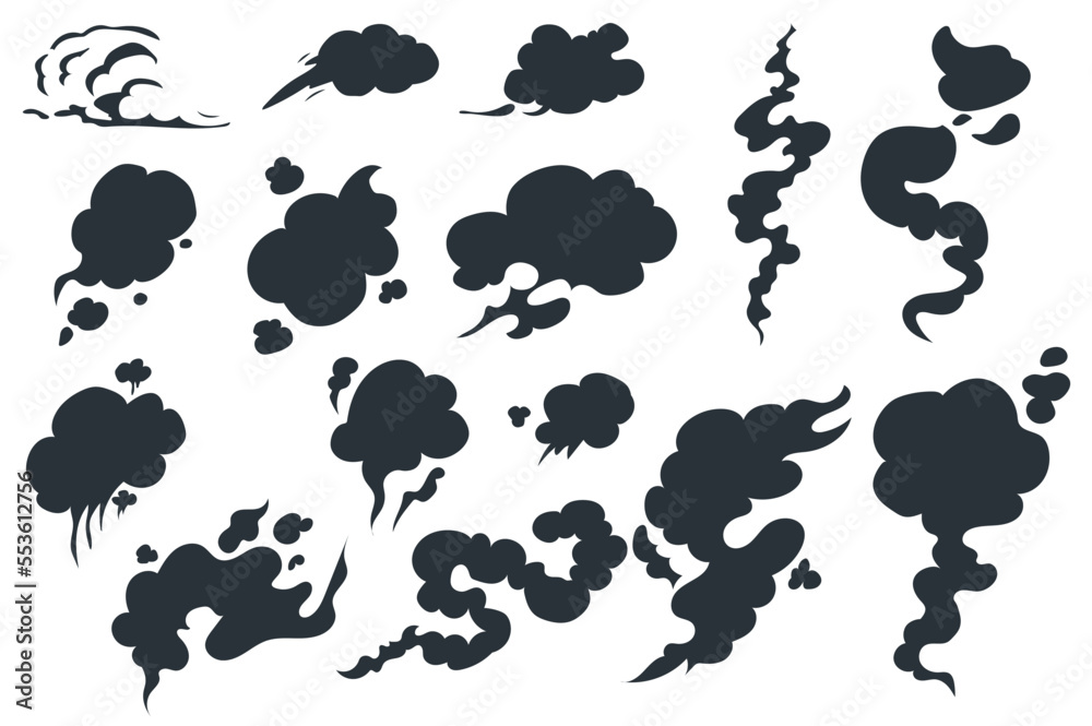 Poster smoke silhouettes isolated graphic elements set in flat design. bundle of different black steam and 