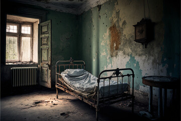 Abandoned room in a fictional hospice with an old rusty bed, digital art, generative AI - obrazy, fototapety, plakaty