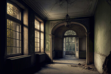 Fototapeta na wymiar Corridor in a fictional abandoned destroyed hospice, digital art, generative AI