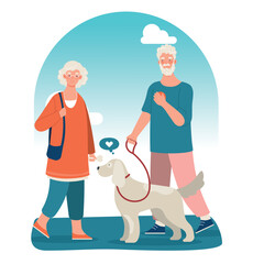 Grandfather with happy dog. Family on walk with pet, active lifestyle and routine, household chores. Love and care for animals. Retirees in city or town park. Cartoon flat vector illustration