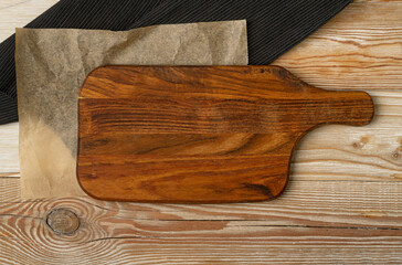 Old Wood Cutting Board Mockup, Vintage Chopping Board Background, Rustic Napkin, Empty Cut Desk Top View