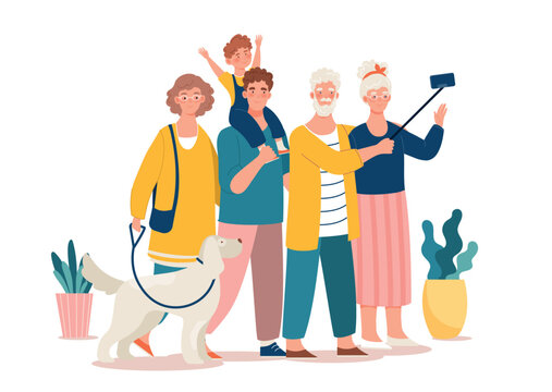 Family photo concept. Grandparents with selfie stick photographed with their children and grandchildren. Memories and good relationships, comfort and coziness. Cartoon flat vector illustration