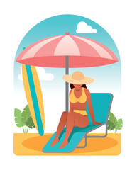 Rest on beach. Young woman in yellow swimsuit and hat sitting on hammock. Holidays in tropical and exotic countries. Hot weather and sun protection metaphor. Cartoon flat vector illustration