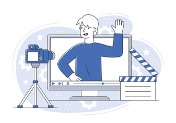 Advertising business concept. Young guy records advertising, creates video clip to promote goods and services. Modern methods of marketing. Gadgets and devices. Cartoon flat vector illustration