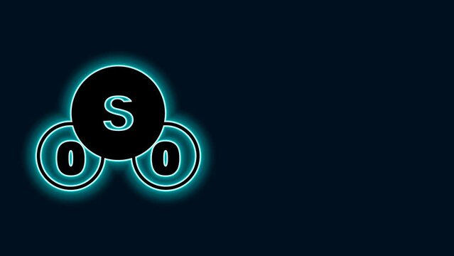Glowing neon line Sulfur dioxide SO2 gas molecule icon isolated on black background. Structural chemical formula and molecule model. 4K Video motion graphic animation