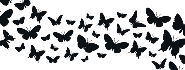 Naklejka na ściany i meble Black butterflies silhouettes. Poster or banner for website in minimalistic style. Nature and insects, stylish and elegant cover. Wildlife and nature concept. Cartoon flat vector illustration