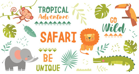 Safari icons set. Collection of tropical and exotic animals, predators and mammals. Stickers for social networks and messengers. Cartoon flat vector illustrations isolated on white background