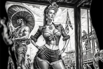 Woman Pirate in Black and White Drawing. AI
