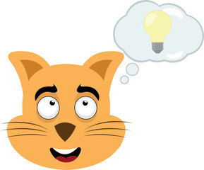 vector illustration of the face of a cartoon cat with a cloud of thought and a light bulb, in concept of good idea or creativity