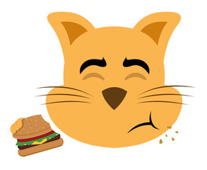 vector illustration of the face of a cartoon cat eating a hamburger