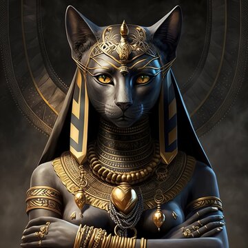 Ancient Egyptian catwoman with gold jewelry. Ancient Egyptian goddess. AI