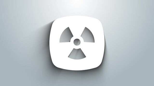 White Radioactive icon isolated on grey background. Radioactive toxic symbol. Radiation hazard sign. 4K Video motion graphic animation