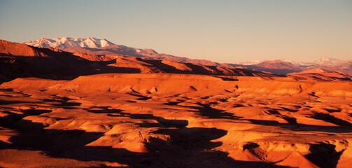 Mountain landscape and desert at sunset time in the north of Africa, Morocco Panorama
