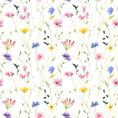 Watercolor Spring Flowers seamless pattern, Hand painted floral digital paper, Spring Summer Scrapbook papers. Botanical Digital background