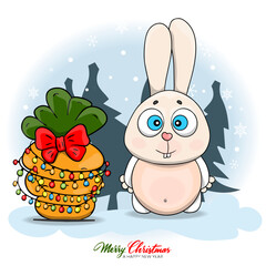 Merry Christmas And Happy New Year With Cute Little Rabbit, Christmas tree with garland and Rad Bow. Season's Greeting Card. Cartoon flat style ideal for cards posters, social media.