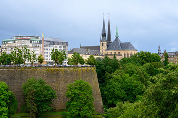 Fototapeta premium A view of the city of Luxembourg with the Pétrusse Parks, the Notre-Dame Cathedral and Gëlle Fra (Monument of Remembrance). Luxembourg, 2021/07/04.