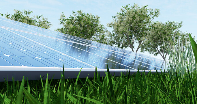 3d rendering illustration solar cells grid blue panel alternative clean green nature energy concept. Environmental protection