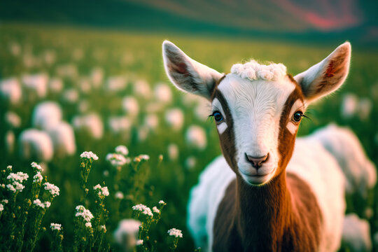 A Baby Goat In A Field Of Flowers