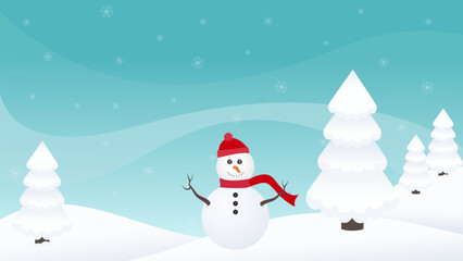 Snowman Cartoon Character in a Winter Wonderland vector illustration background
