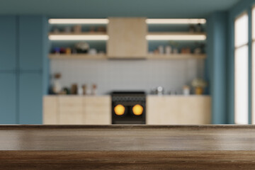 Dark wooden table top on blur kitchen room background,Modern Contemporary kitchen room interior.