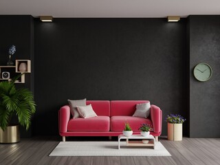 Dark wall background mockup with viva magenta sofa furniture and decor of the year 2023. - obrazy, fototapety, plakaty