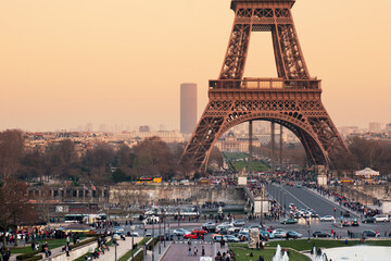 Aerial view of the Eiffel Tower in Paris, France in a beautiful spring day