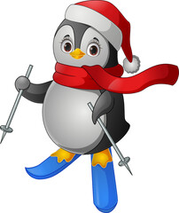 Penguin cartoon skiing on white background