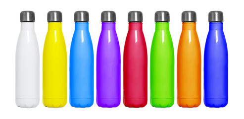 Set with different stylish closed thermo bottles on white background. Banner design