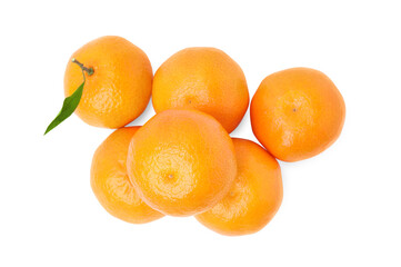 Fresh ripe juicy tangerines with green leaf isolated on white, top view