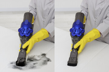 Woman in gloves disinfecting mattress with vacuum cleaner indoors, closeup. Collage with photos...