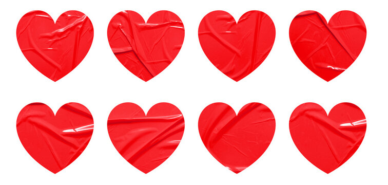 Set of red heart shapes stickers mock up blank tags labels, isolated on white background