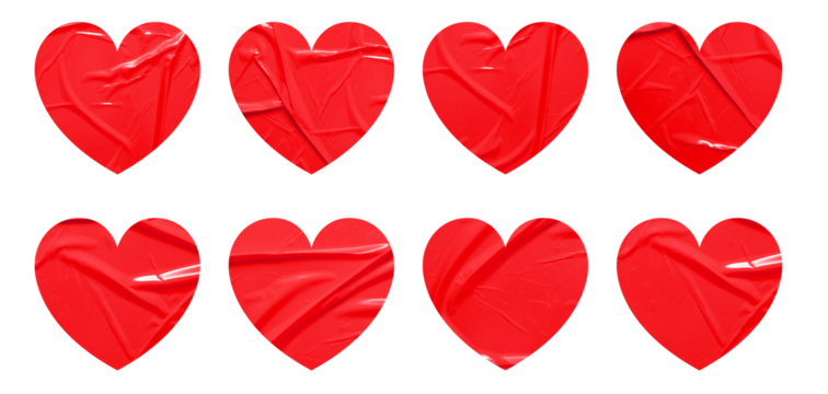 Set of red heart shapes stickers mock up blank tags labels, isolated on white background
