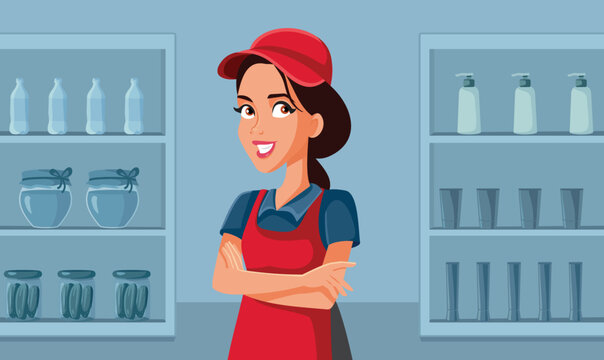 Supermarket Employee Standing with Arms Crossed Welcoming Clients Vector Illustration. Cheerful grocery store worker waiting for customers at the aisle 
