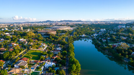 Aerial view of Lagoa da Pampulha in Minas Gerais, Belo Horizonte. - obrazy, fototapety, plakaty