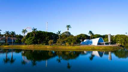 Fototapeta premium Lagoa da Pampulha, in Belo Horizonte, overlooking the Church of São Francisco de Assis and Guanabara Park. Minas Gerais Brazil. Aerial view