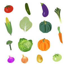 Set of vegetables with tomato, cucumber, eggplant, leek, corn, pumpkins, carrot, broccoli, cabbage, purple onion, onion, potato and green tomato. PNG illustration isolated on transparent background.