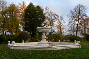 View of the marble fountain in the Catherine Park in Tsarskoye Selo on a sunny autumn day, Pushkin, Saint Petersburg, Russia