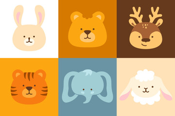 Cute wild animals faces emotion cartoon baby set. Childish safari head muzzle portraits character lion, tiger elephant, deer, sheep and rabbit. Funny jungle kid wildlife collection, template sticker