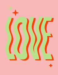 Vector Wavy Love Lettering Design in Trendy Y2k Style. Psychedelic Text Illustration