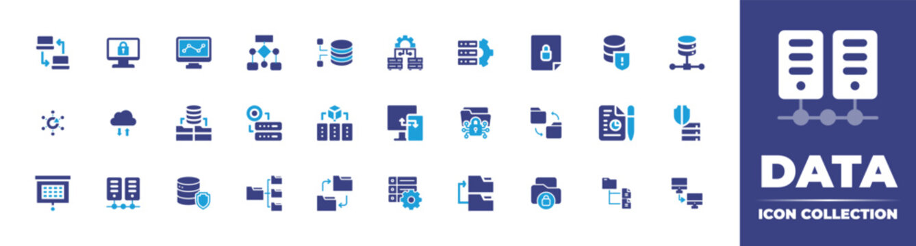 Data icon Collection. Duotone color. Vector illustration. Containing data analytics, data flow, data security, data sharing, data mining, data storage, data network, data transfer, and more.